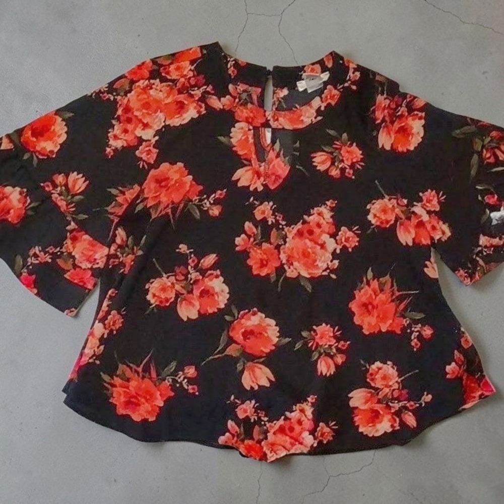 Size M Urban Romantics Bell Sleeve Blouse Black Orange Floral Keyhole Top